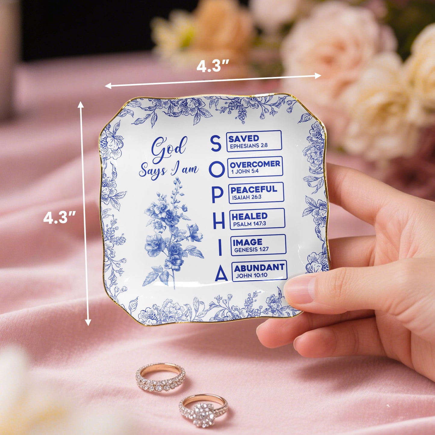 God Says I Am Name Letter In Bible Toile De Jouy Style - Personalized Jewelry Dish