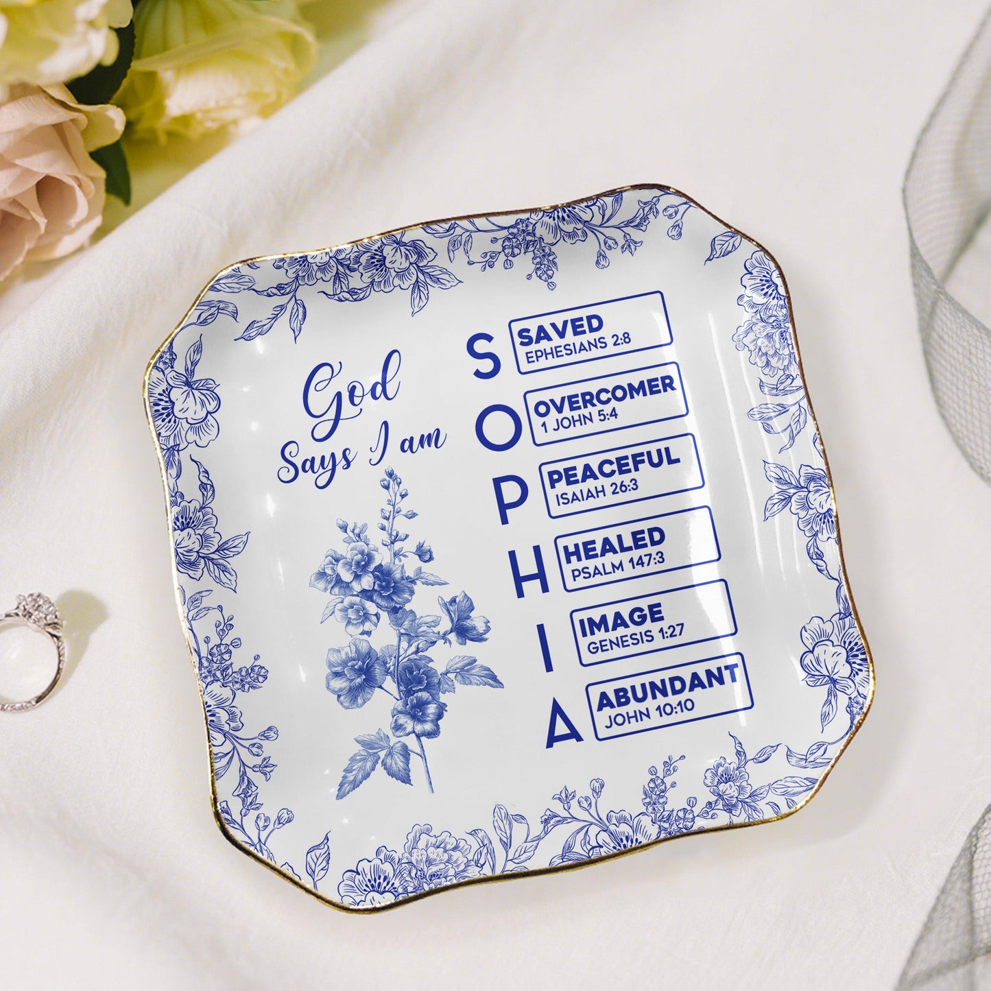 God Says I Am Name Letter In Bible Toile De Jouy Style - Personalized Jewelry Dish