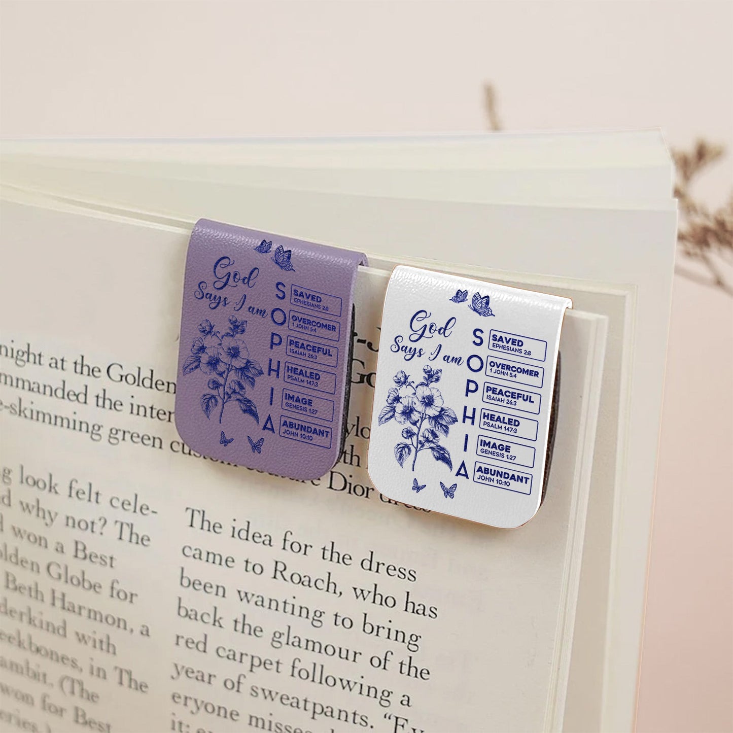 Gods Says I Am Name In Bible Toile De Jouy Style - Personalized Leather Magnetic Bookmark