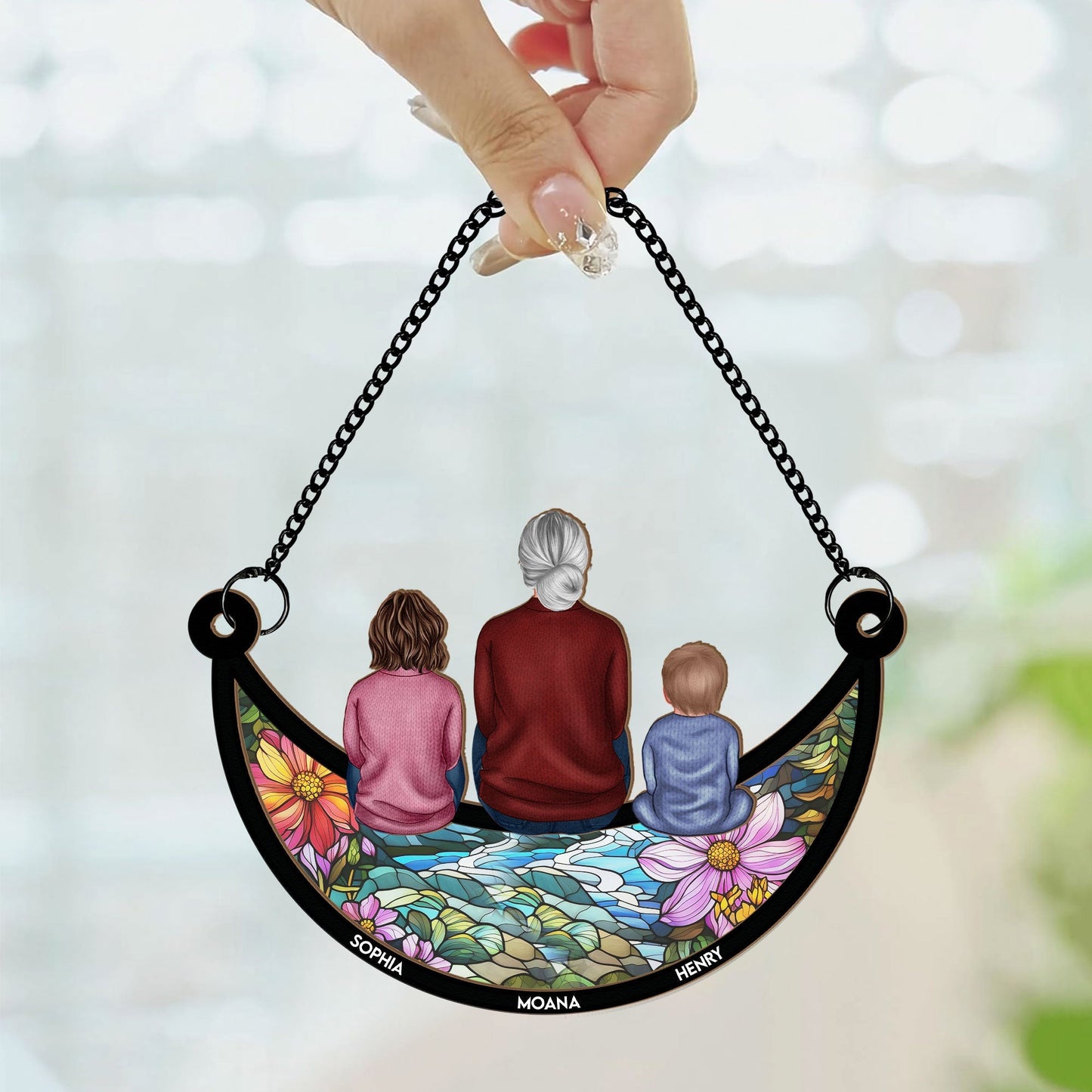 Grandma & Children On The Moon - Personalized Window Hanging Suncatcher Ornament Christmas Gift For Grandma