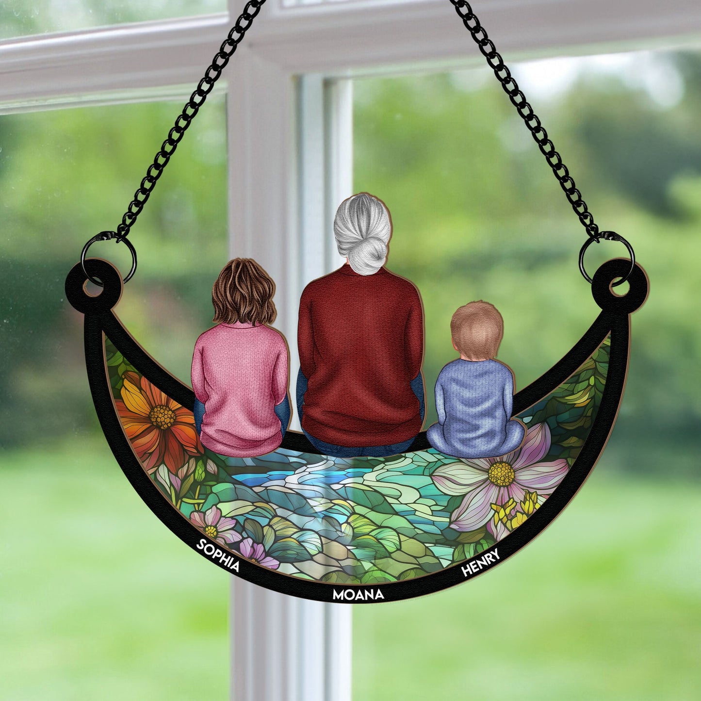 Grandma & Children On The Moon - Personalized Window Hanging Suncatcher Ornament Christmas Gift For Grandma