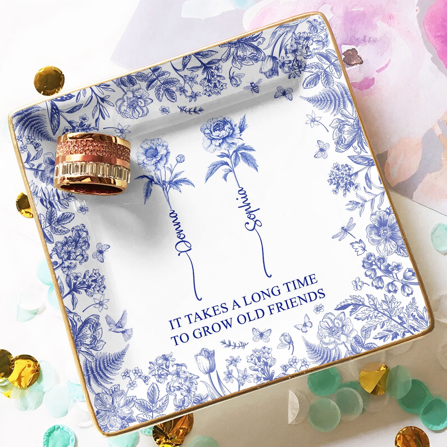 It Takes A Long Time To Grow An Old Friend, Bestie Toile De Jouy - Personalized Jewelry Dish  Christmas Gift For Friend