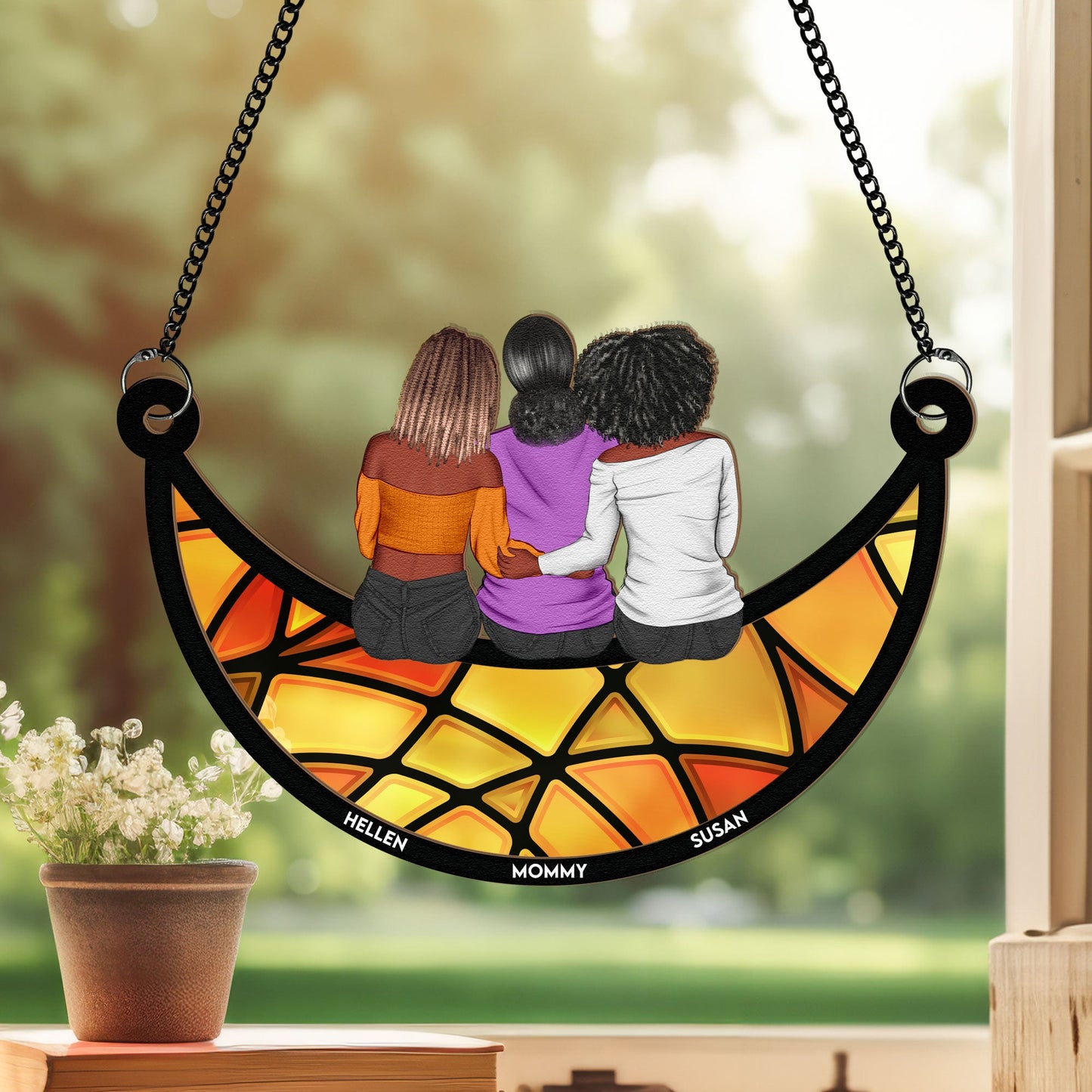 Mother & Daughter On The Moon - Personalized Window Hanging Suncatcher Ornament Christmas Gift For Mom