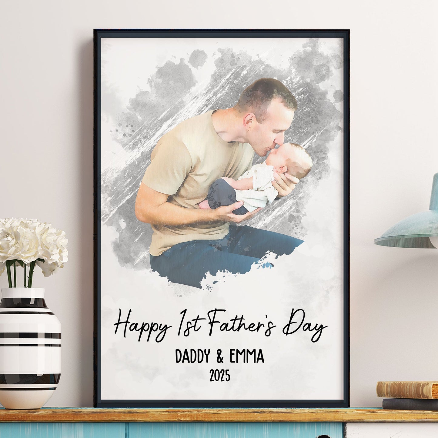 Watercolor Style Happy 1st Father's Day - Personalized Photo Poster/Canvas