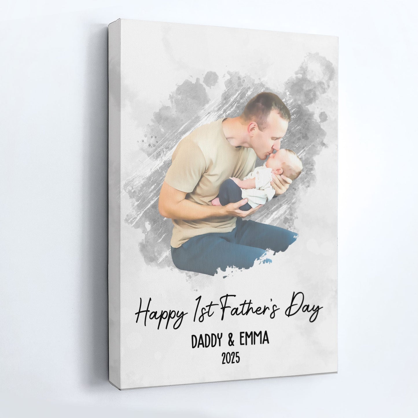 Watercolor Style Happy 1st Father's Day - Personalized Photo Poster/Canvas