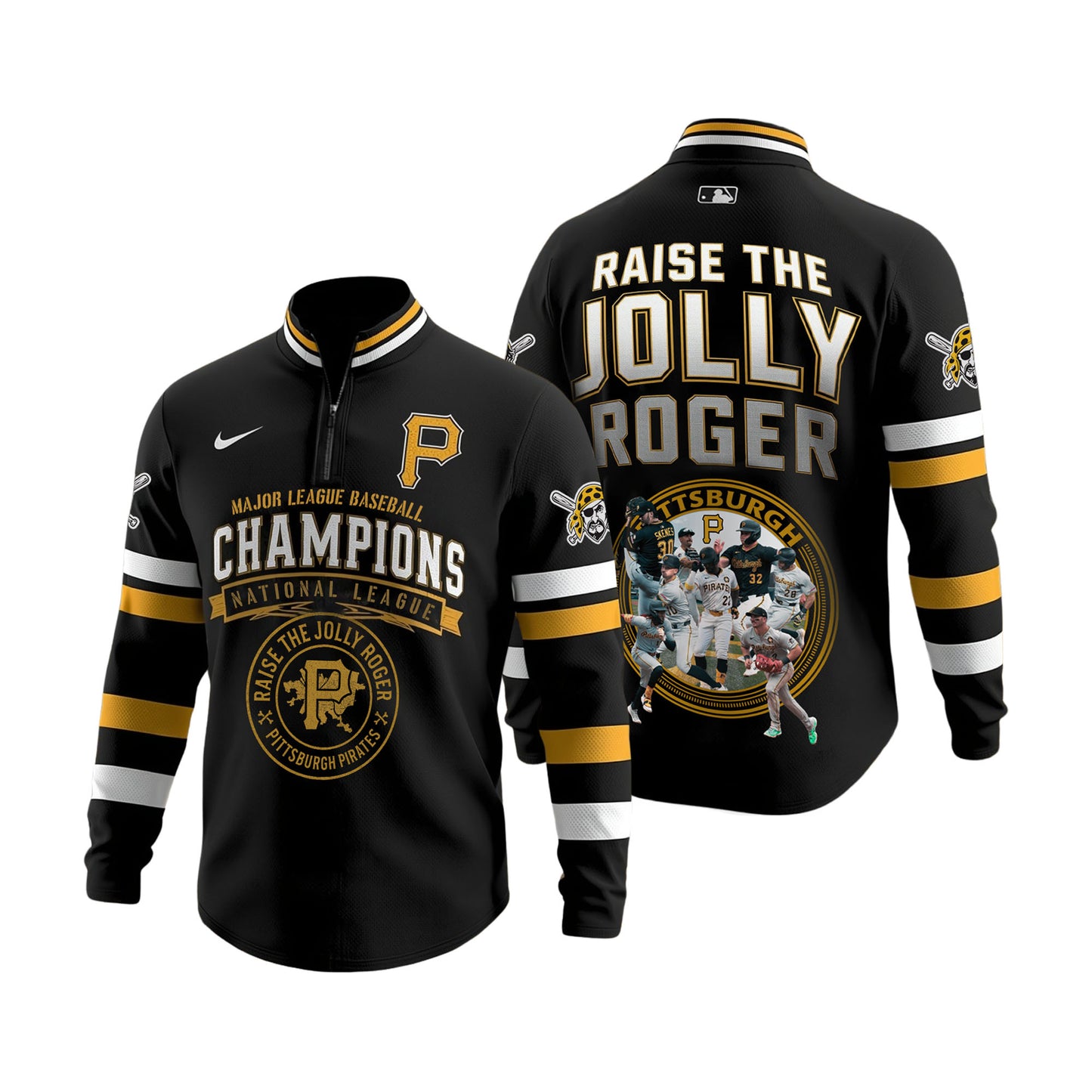 Raise The Jolly Roger Pirates Team Pittsburgh Baseball 3D Long Sleeve Quarter Zip Jersey